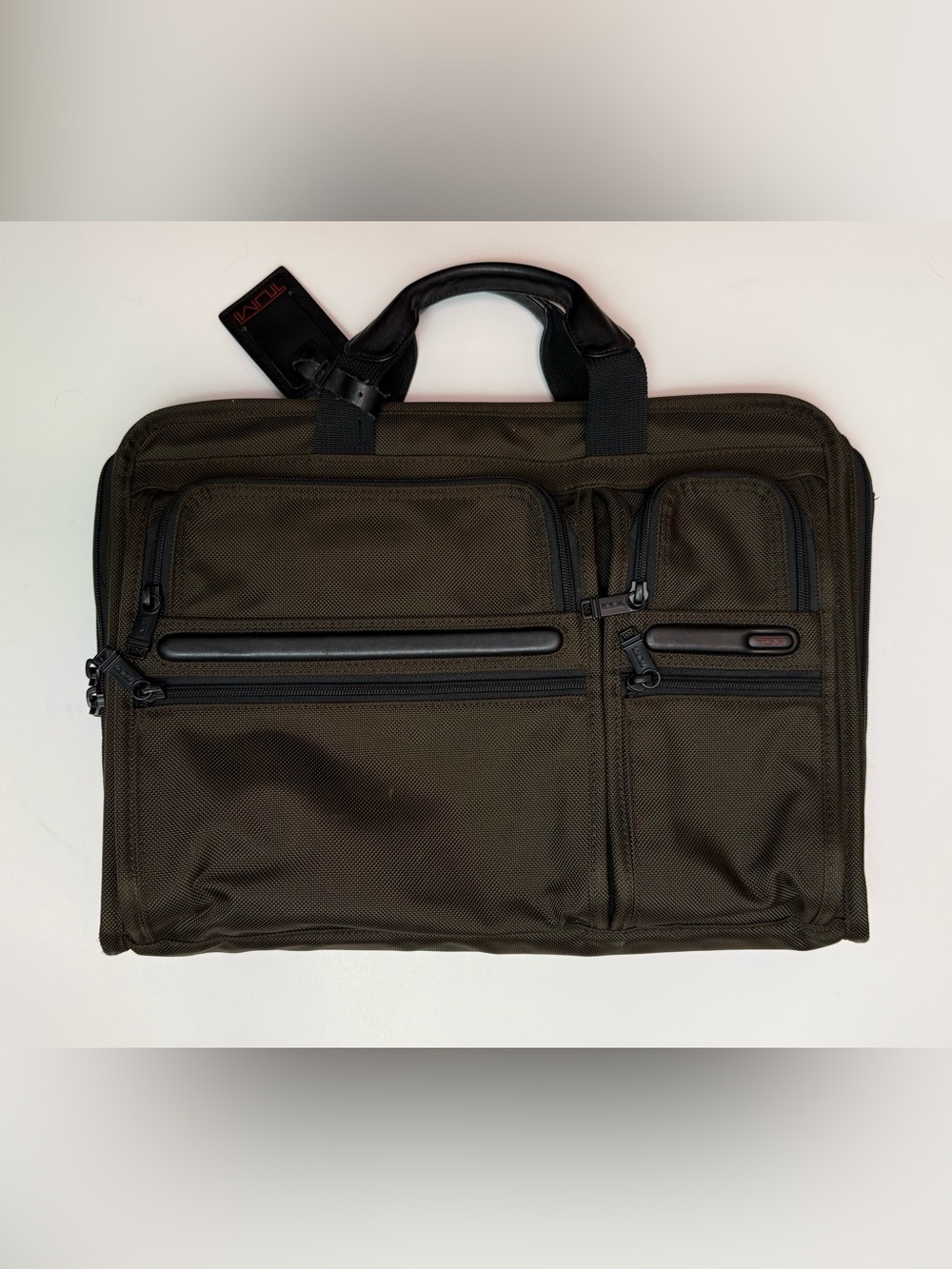 Tumi Men’s Alpha Olive Green Laptop Briefcase with Black Trim